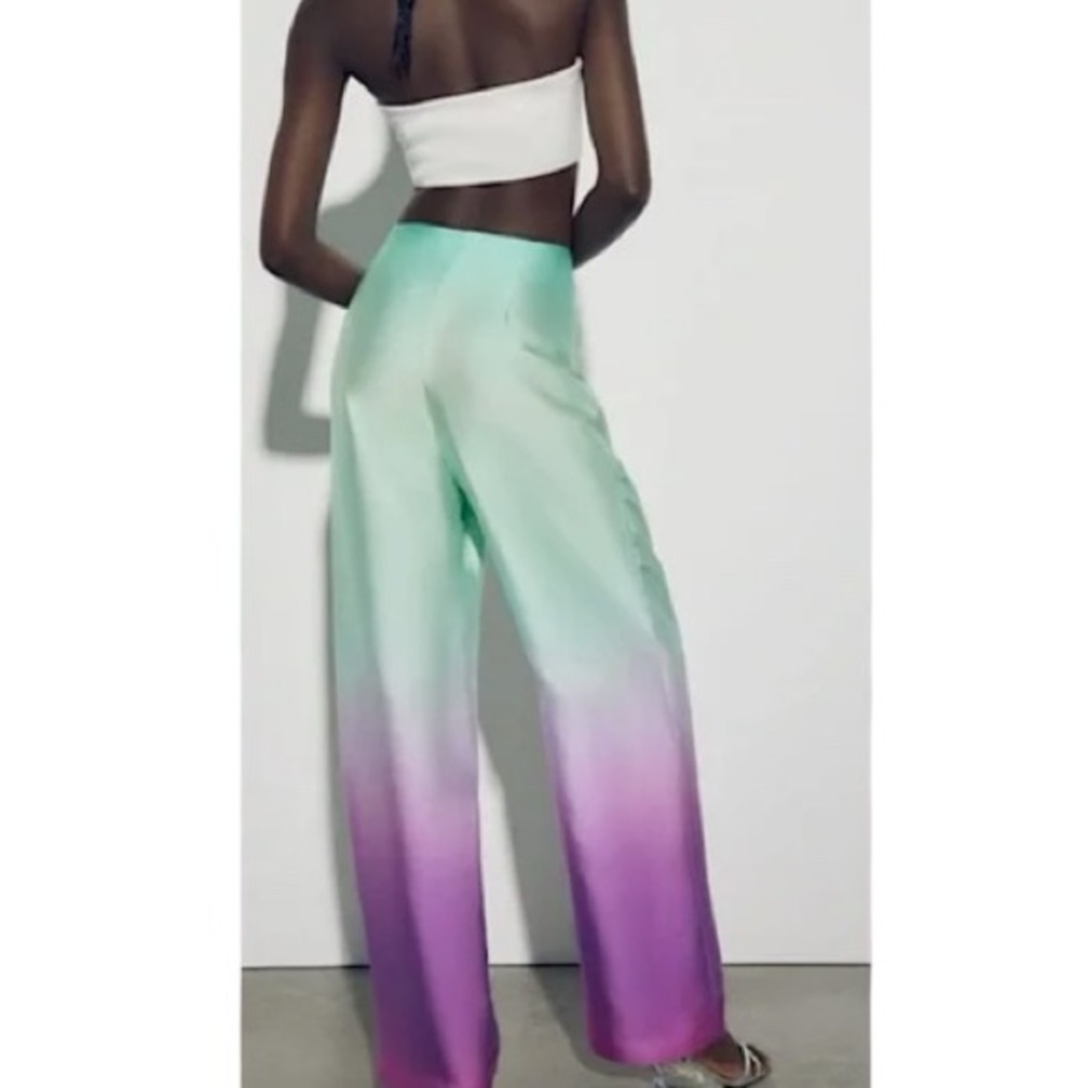 Zara Women's Green Purple Ombre Wide Leg Pareo High Waist Pants Size Large - Picture 3 of 10